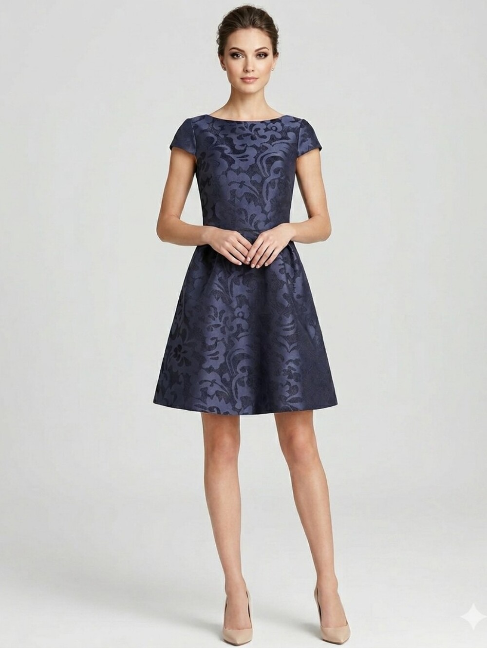 Eliza J Metallic Jacquard Fit & Flare Dress In Navy Blue NEW